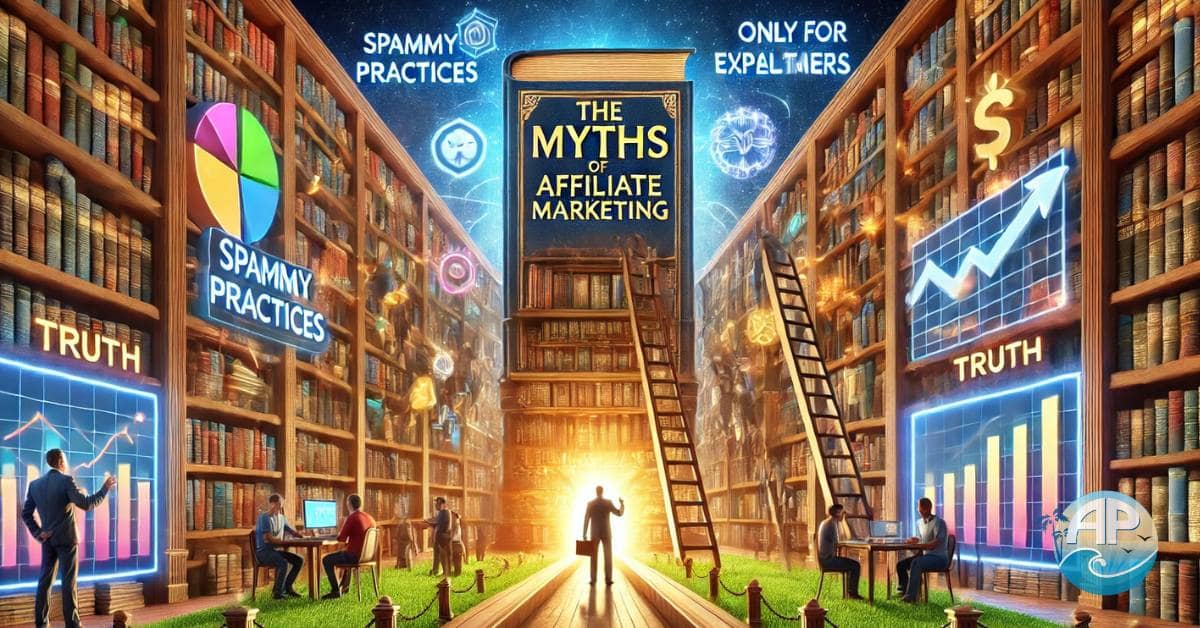 A vibrant library representing affiliate marketing myths, with books labeled "Spammy Practices," "Unrealistic Expectations," and "Only for Big Players." A glowing book titled "The Truth" illuminates pathways leading to scenes of success, including an engaged audience, a graph of growing earnings, and advanced digital tools.