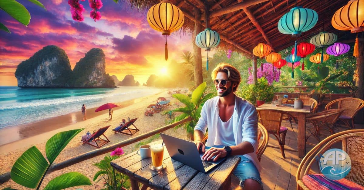 A serene scene of a digital nomad showcasing affiliate marketing in Vietnam while working on a laptop at a beachfront cafe.