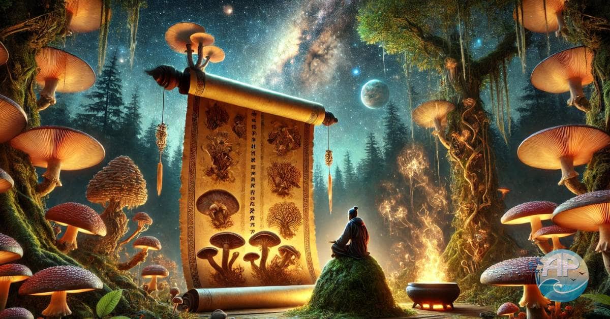 Depiction of the ancient origins of medicinal mushrooms, including Reishi, Chaga, and Lion's Mane, showcasing their role in traditional healing with a Taoist monk, Native American healer, and cosmic elements symbolizing timeless wisdom.