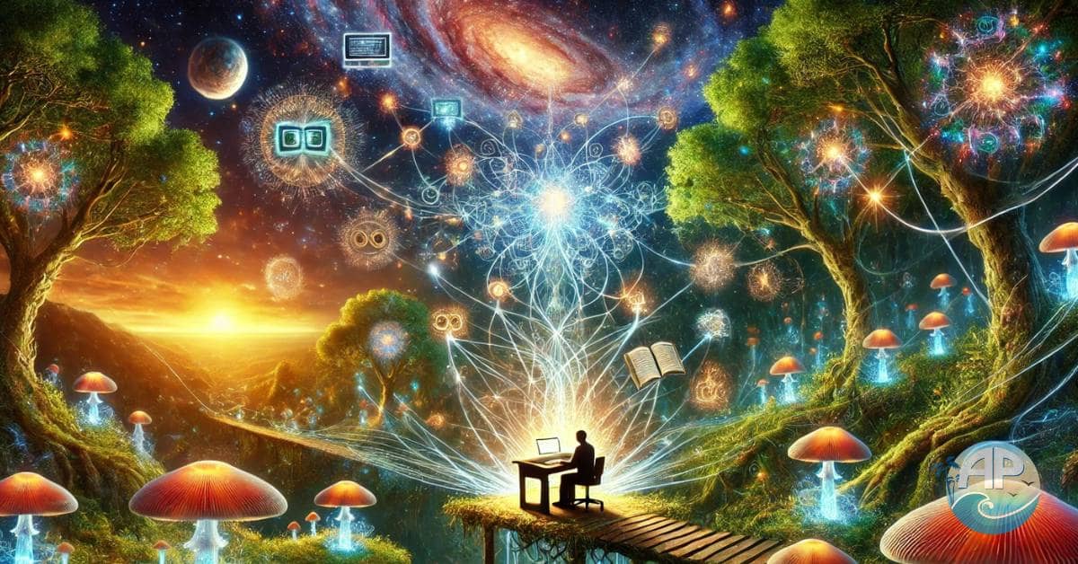 Surreal depiction of blogging and awakening, featuring a glowing desk in a mystical forest and cosmic imagery.