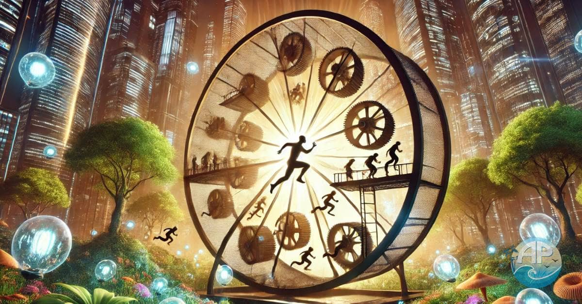 Breaking Free from the Rat Race: A person leaps off a massive hamster wheel made of skyscrapers and gears, landing in a lush, glowing garden symbolizing freedom and creativity.