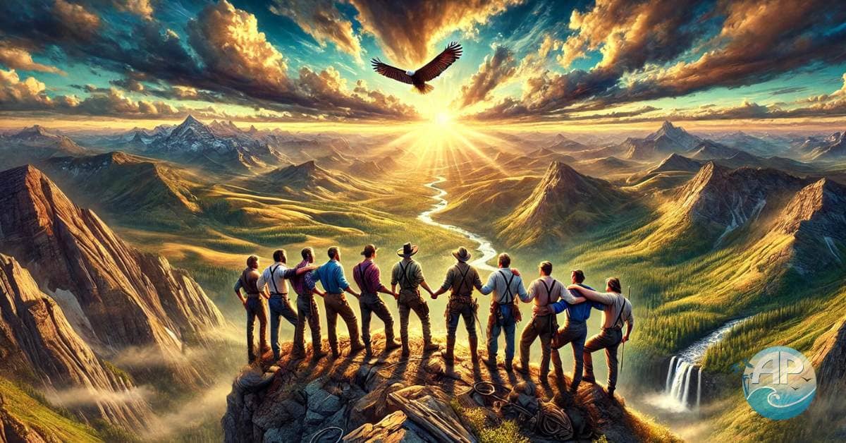 Brotherhood and freedom depicted through a diverse group of men standing on a rugged cliff, overlooking vast wilderness, with golden sunlight and an eagle soaring in the distance.