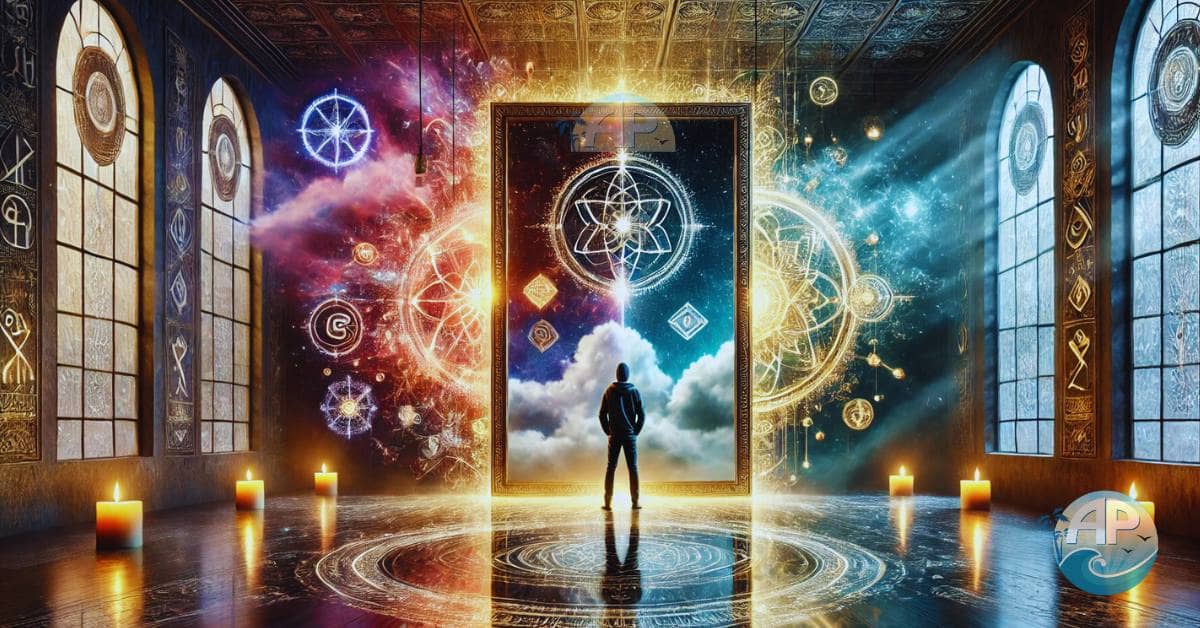 A person standing before a large magical mirror in a mystical room, reflecting fear, doubt, confidence, and light. The mirror is surrounded by glowing runes representing transformation and mindfulness, embodying the concept of controlling your inner voice.