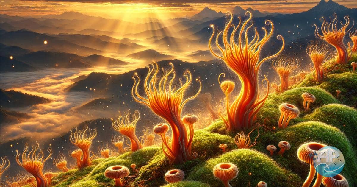 Cordyceps energy enhancer growing naturally on a moss-covered Himalayan mountainside at sunrise.