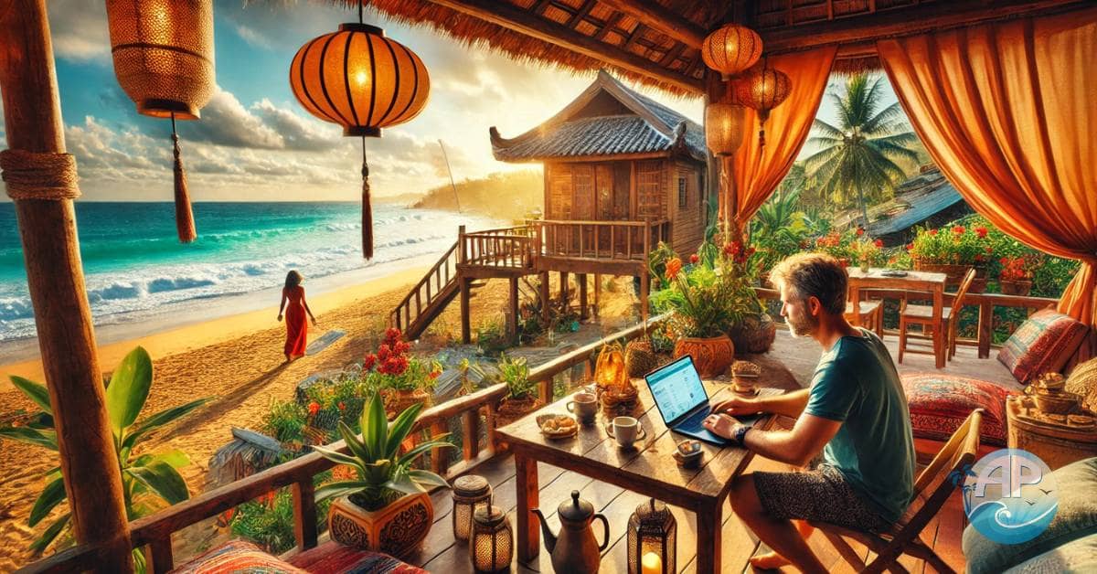 A vibrant scene of the digital nomad lifestyle in Da Nang, Vietnam, featuring a cozy bed and breakfast near the beach with a middle-aged man working on a laptop, surrounded by lush greenery and My Khe Beach in the background.