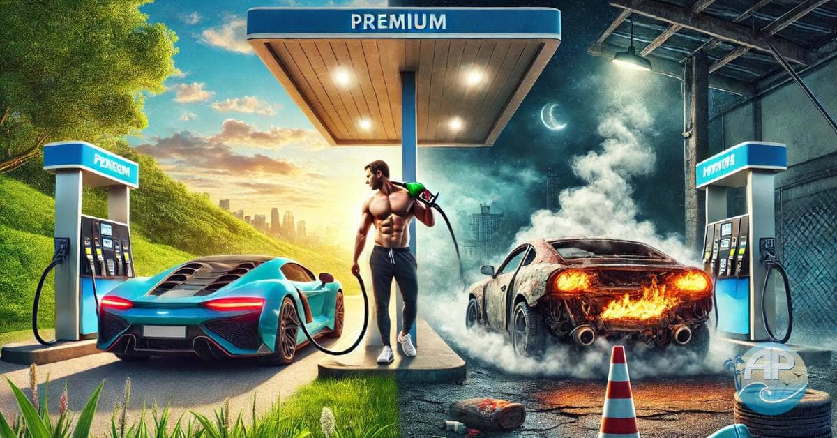 Eat Better Live Better: A striking visual showing a healthy man fueling a luxury sports car in a bright, clean environment versus an overweight man fueling a rusted, smoking car in a dim, run-down setting.