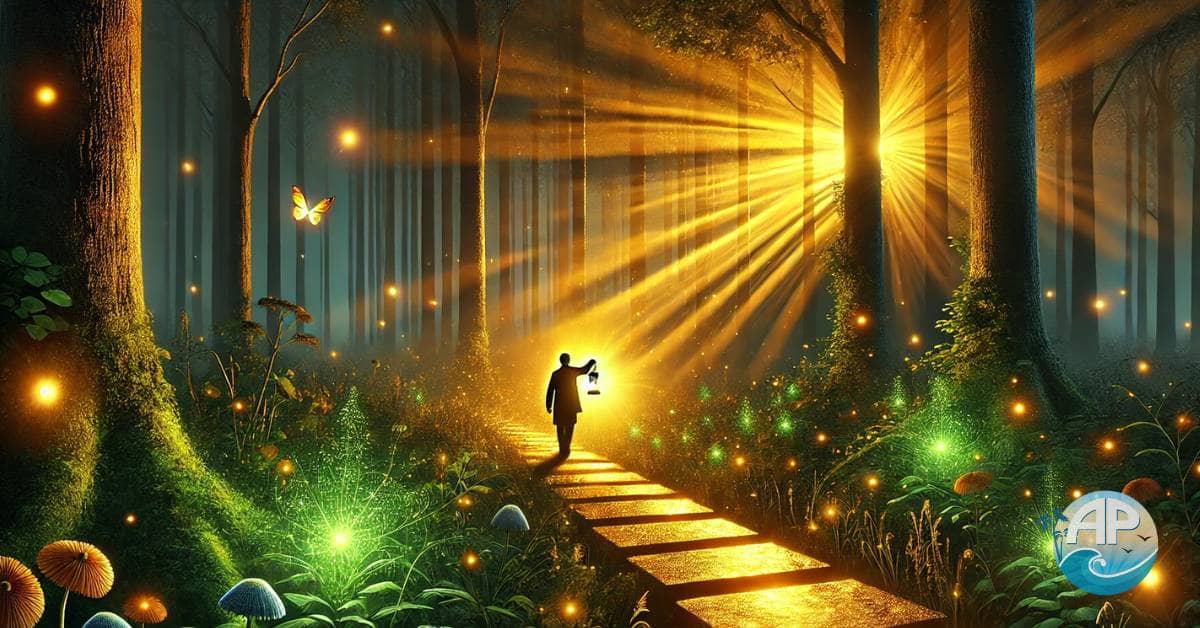 A glowing lantern held by a determined figure walking through a dark forest, embodying the essence of embracing challenges with resilience. The golden light transforms the shadows into a lush, vibrant forest with golden bricks forming a path, symbolizing growth and lessons learned through adversity.