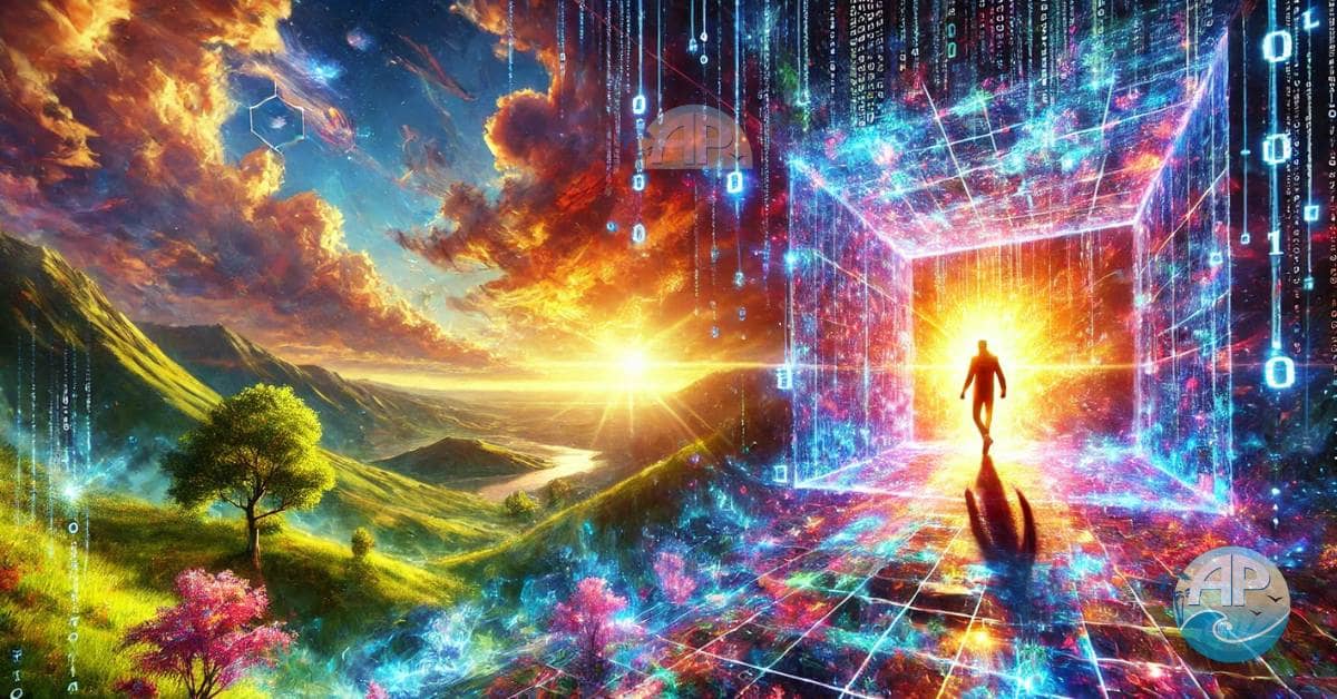 Escape the Fear Matrix: A person stepping out of a glowing digital cage into a vibrant, free world filled with natural beauty.