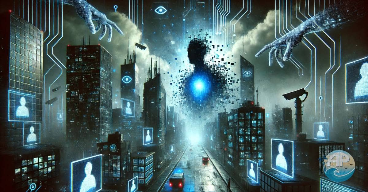 A hauntingly futuristic cityscape illuminated in cold, blue light, featuring a human figure dissolving into pixelated fragments amidst glowing screens and surveillance cameras, symbolizing the hidden dangers of technology