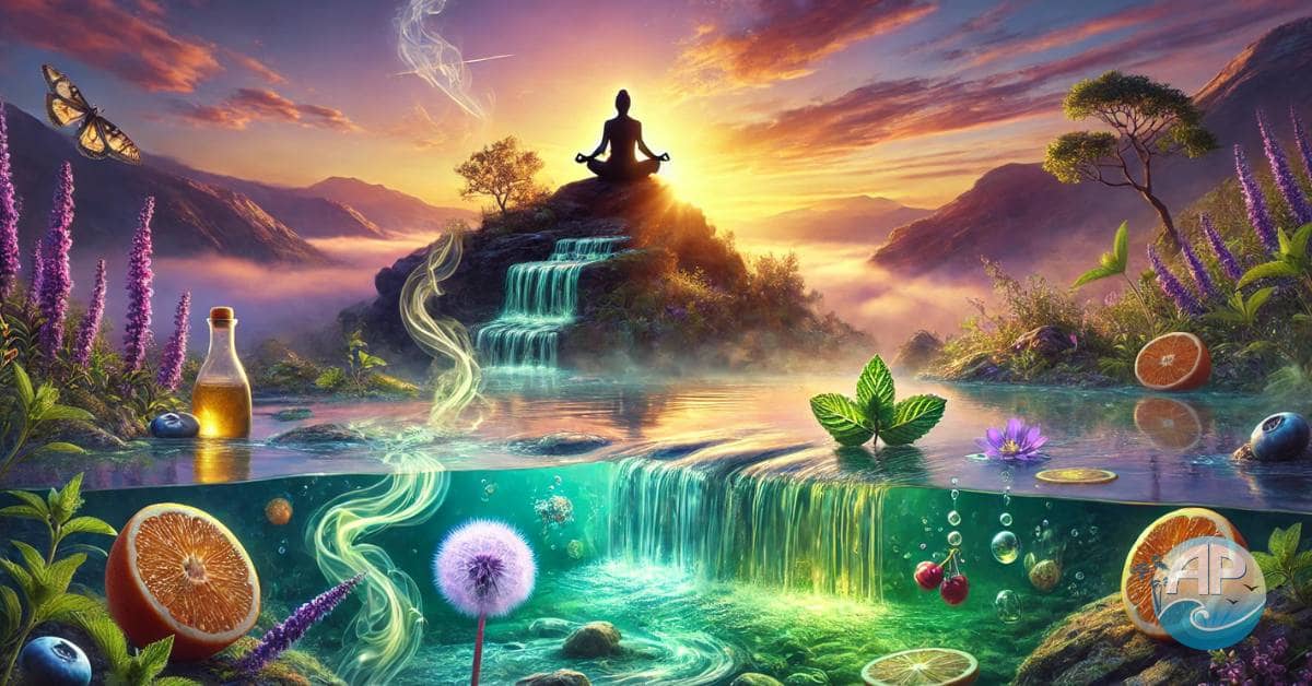 How to Detox Your Body Naturally: A serene mountain setting with a meditating figure, glowing streams, and detox elements.