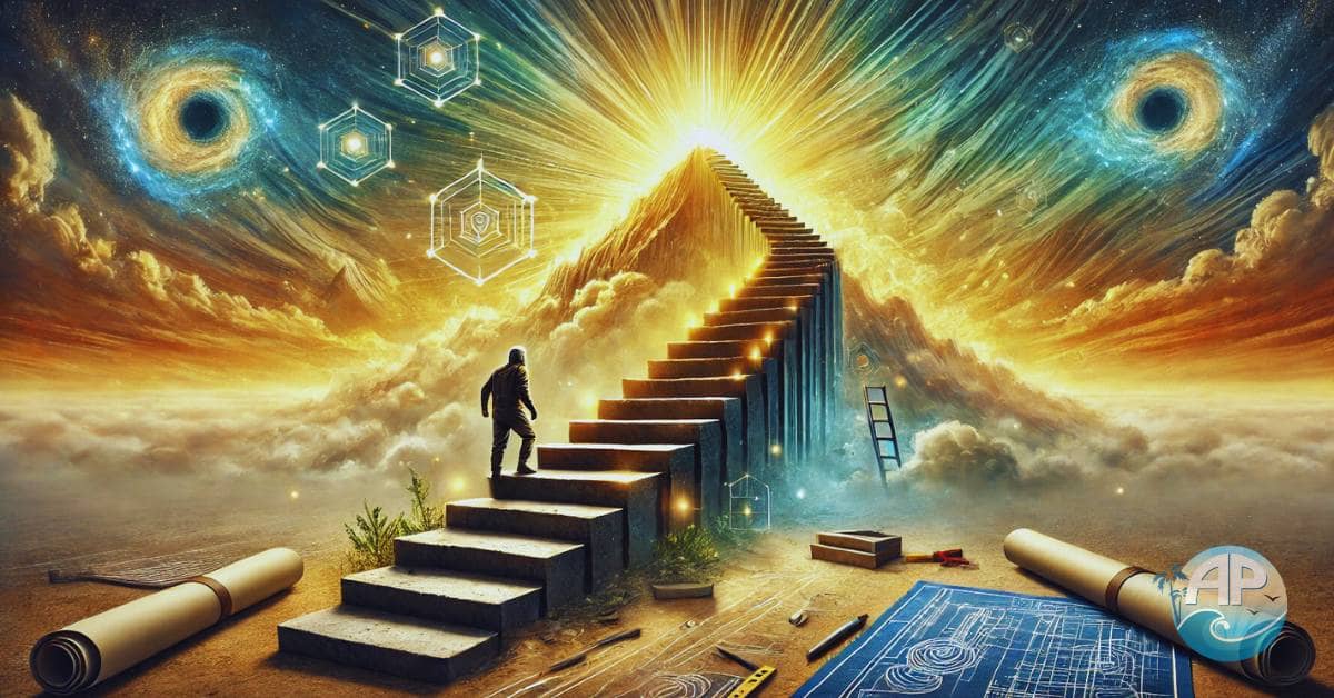 A surreal digital artwork titled 'The Builder's Journey,' depicting a determined figure constructing a glowing staircase amidst scattered tools and sketches, with a radiant golden peak in the background, symbolizing imperfect action and perfect growth.