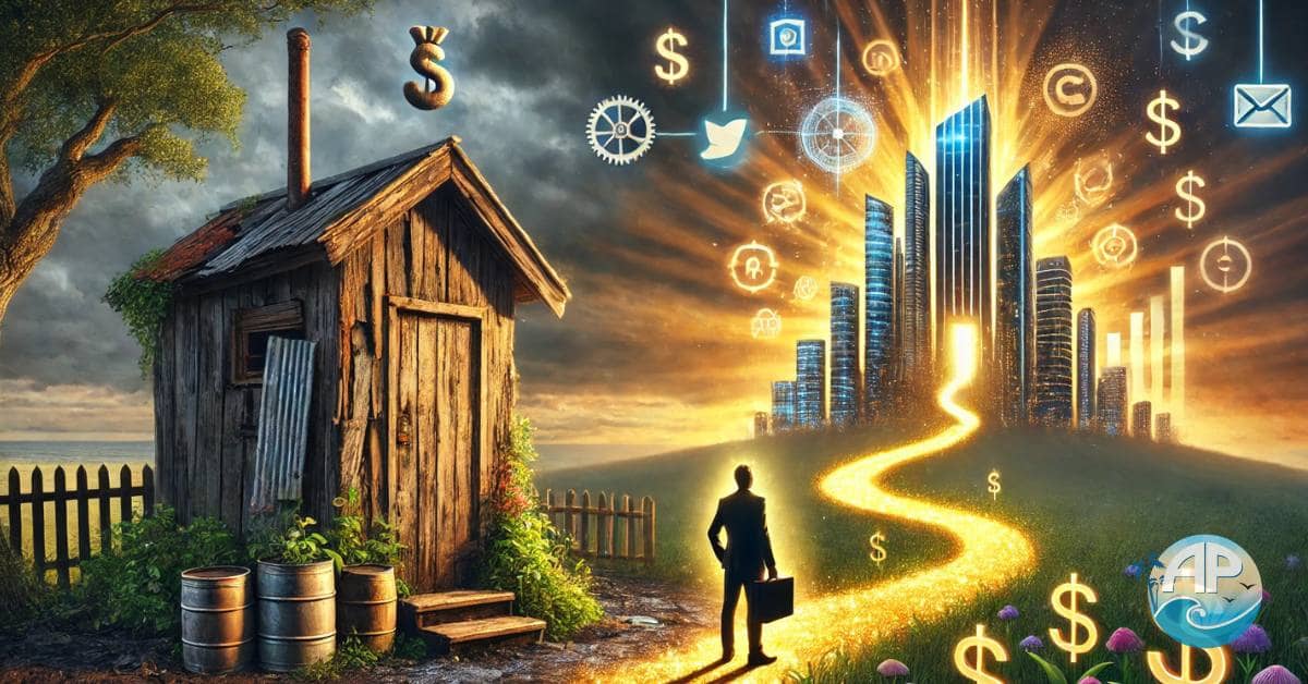 A vibrant depiction of building a profitable personal brand, showing the journey from a rickety outhouse to a luxurious penthouse along a glowing golden path filled with milestones.