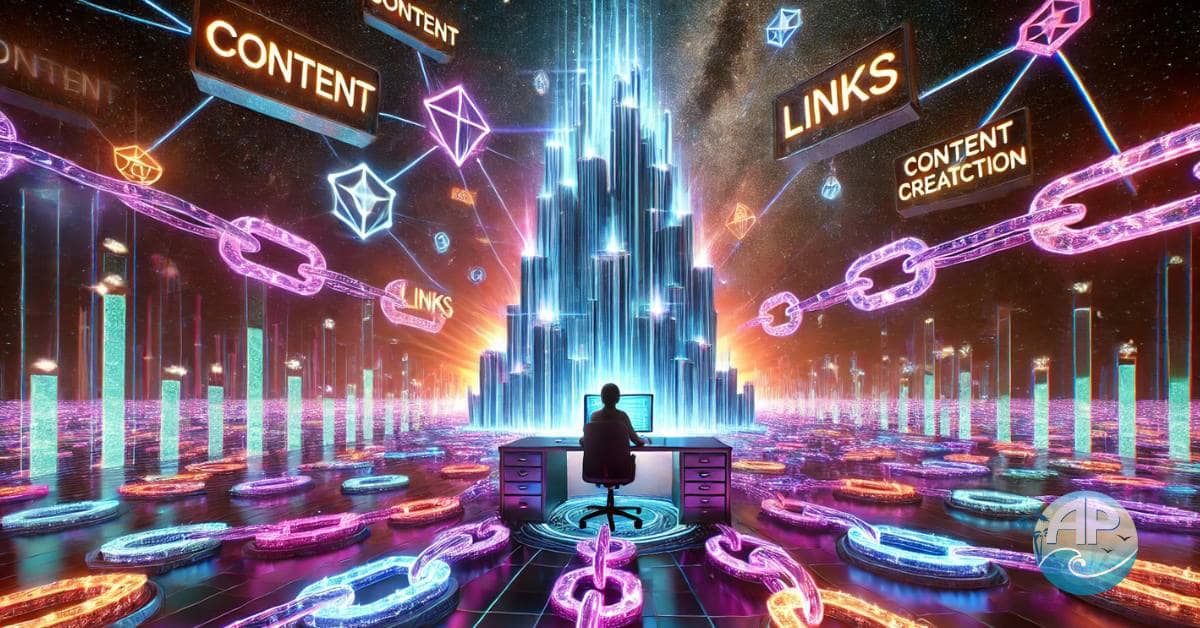 A bold and futuristic digital landscape showing glowing chains symbolizing interconnected websites, emphasizing link building strategies for beginners.