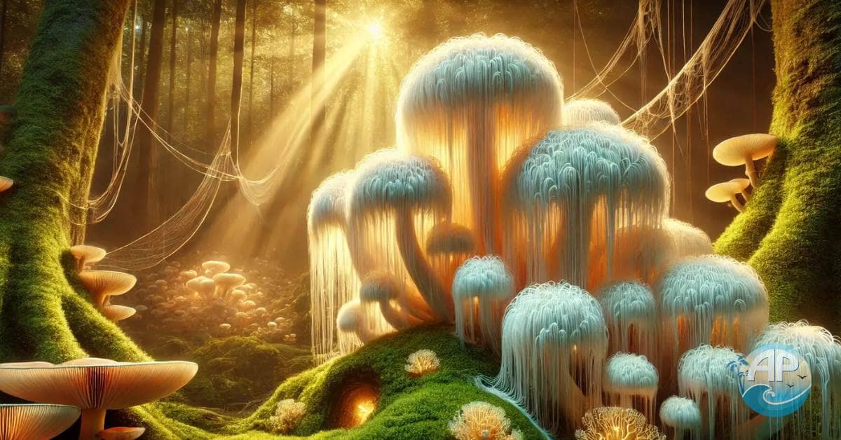 Lion’s Mane Benefits: A mystical forest showcasing glowing Lion’s Mane mushrooms symbolizing brain health and nerve regeneration.