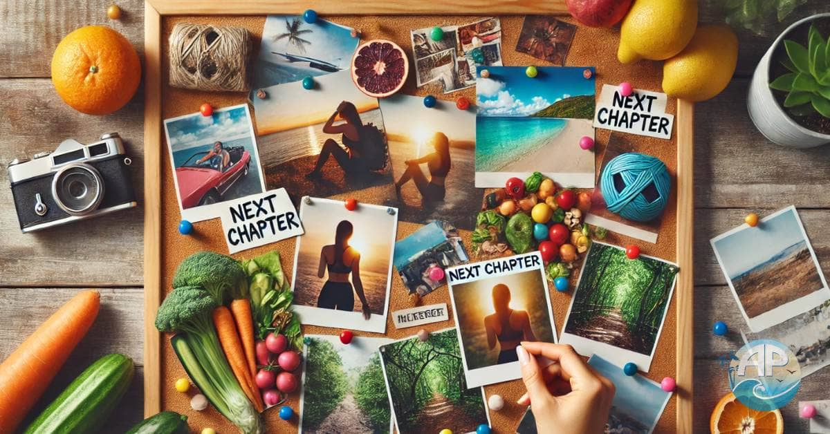 Vision board showcasing living your best life after 50 with adventure, health, and personal growth photos.