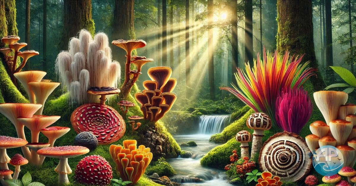 Glowing medicinal mushrooms including reishi, chaga, lion’s mane, cordyceps, and turkey tail in a magical forest.