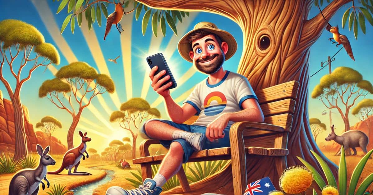 Cartoonish depiction of a middle-aged Australian man overcoming digital burnout by unplugging from technology in the outback.