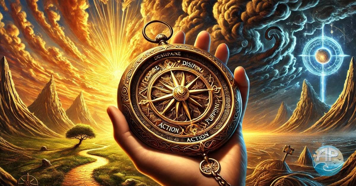 An ornate compass glowing with golden light, symbolizing personal responsibility and empowerment in a surreal landscape.