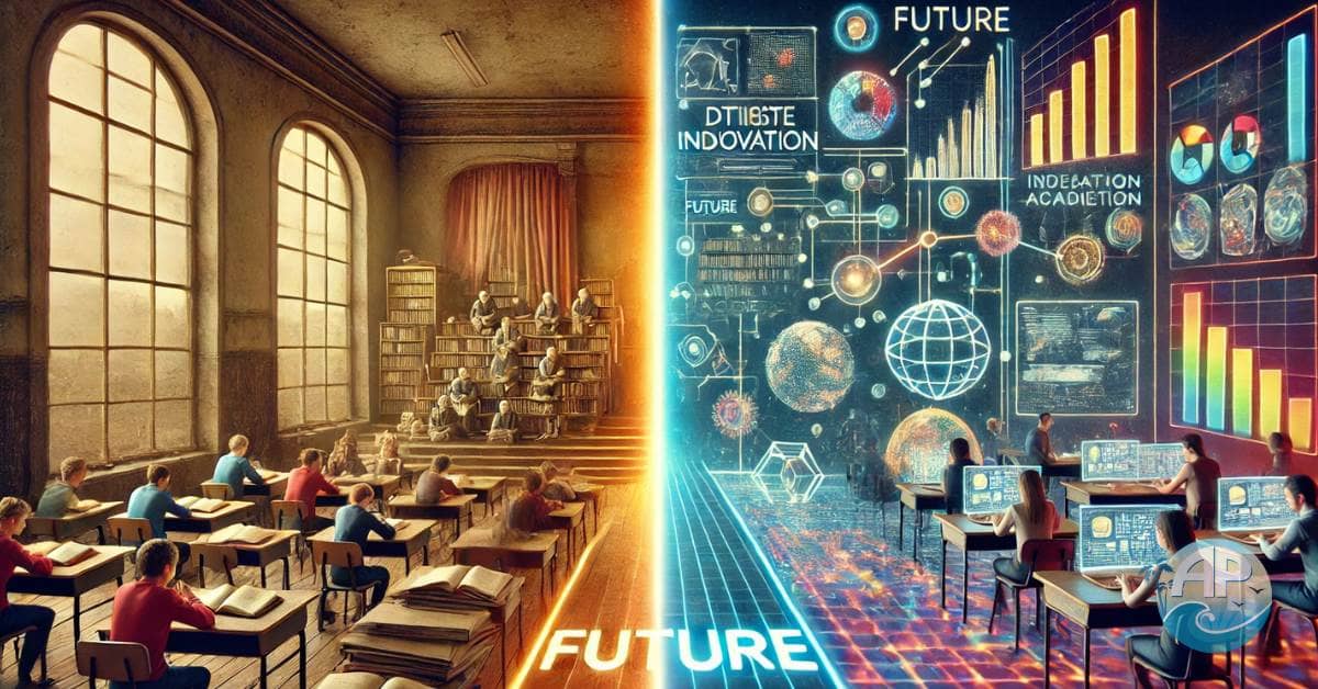 Problem-Solvers vs. Degrees: A split-screen image showing a classroom and an innovation hub, connected by a glowing pathway.