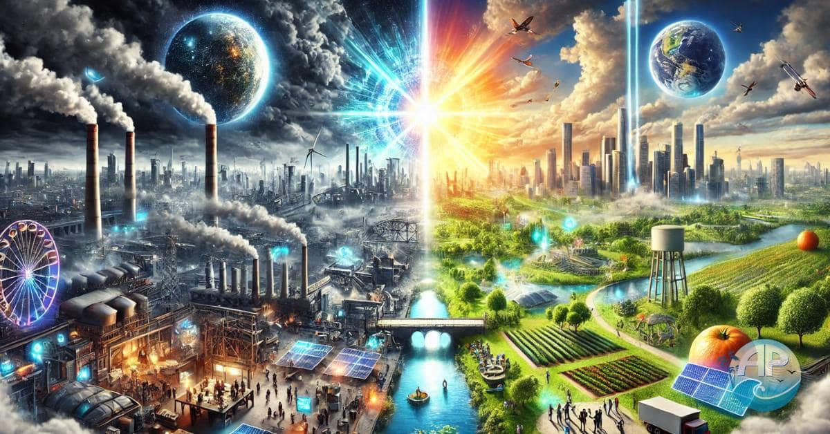 A visionary depiction of 'Rebuild a New System,' showing the transformation from a decaying industrial world to a harmonious utopia with green urban spaces, renewable energy, and thriving communities.