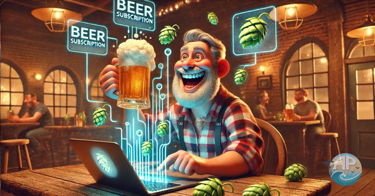 Cartoonish middle-aged character in a lively tavern holding a frothy beer mug, typing on a glowing laptop, surrounded by holographic displays of hops blending with circuit-board patterns, symbolizing recurring income affiliate niches.