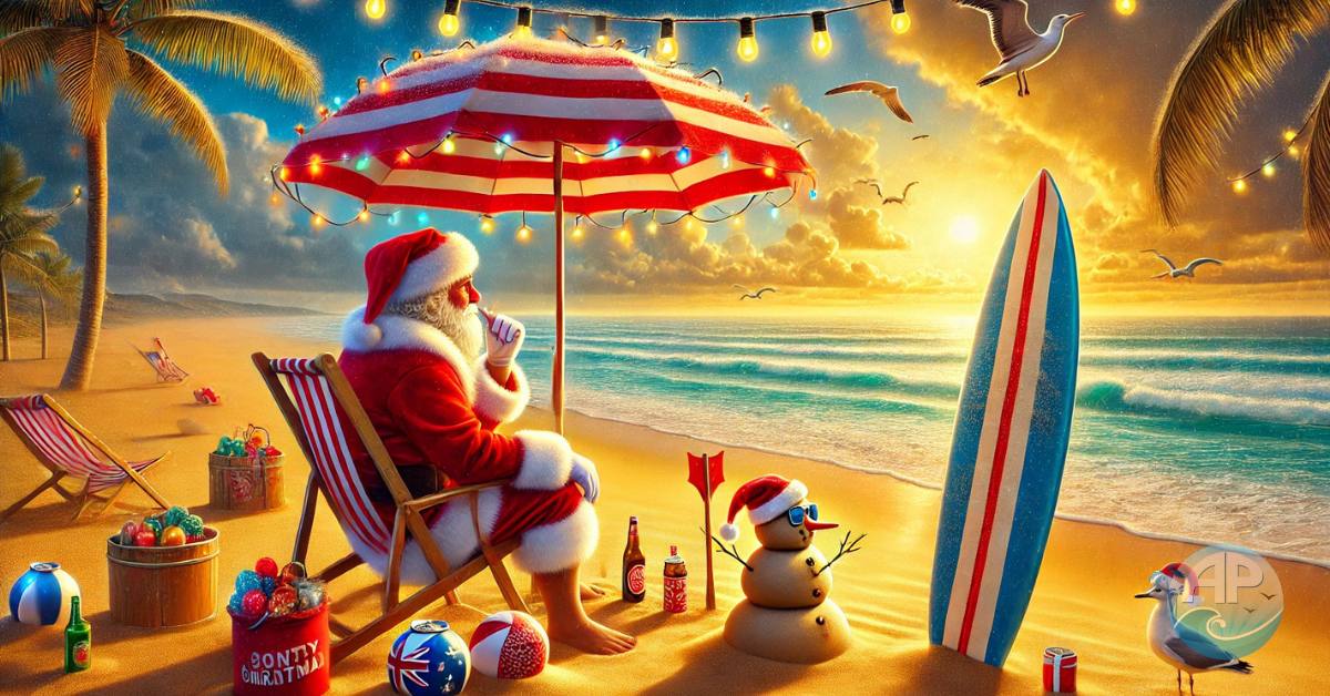 A magical holiday scene reflecting on 2024 and embracing 2025, with Santa Claus sitting thoughtfully on a beach in Australia, holding a festive drink under a red and white striped umbrella.