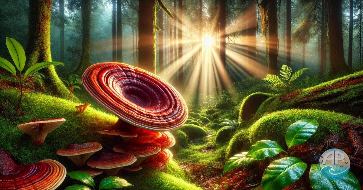 Reishi in the Wild: A majestic Reishi mushroom glowing in its natural habitat, surrounded by lush moss and wild flora.