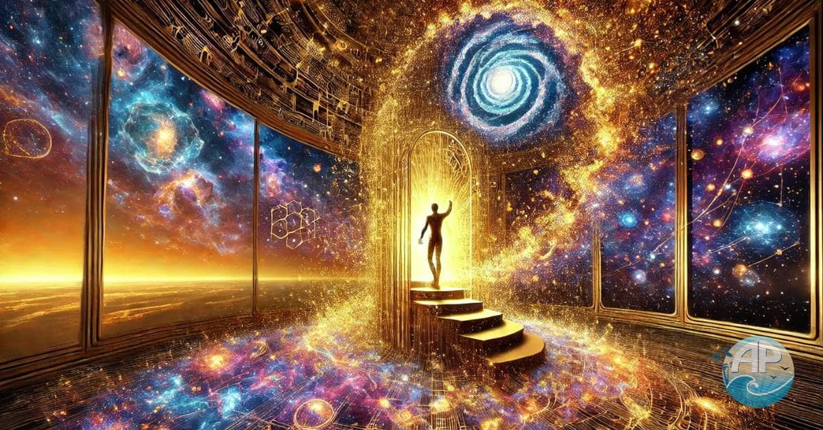 A surreal depiction of stepping outside your comfort zone, showing a person leaving a glowing cage into a cosmic expanse filled with infinite possibilities and vibrant galaxies.