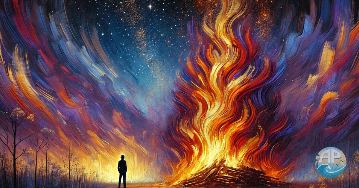 A painterly depiction of a man standing in quiet contemplation before a towering bonfire, symbolizing the art of letting go.