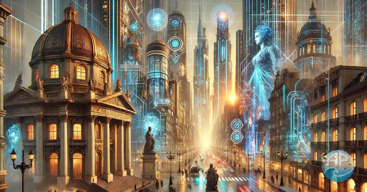 A bustling cityscape blending Renaissance domes and sculptures with futuristic skyscrapers and holographic displays, symbolizing The Digital Renaissance