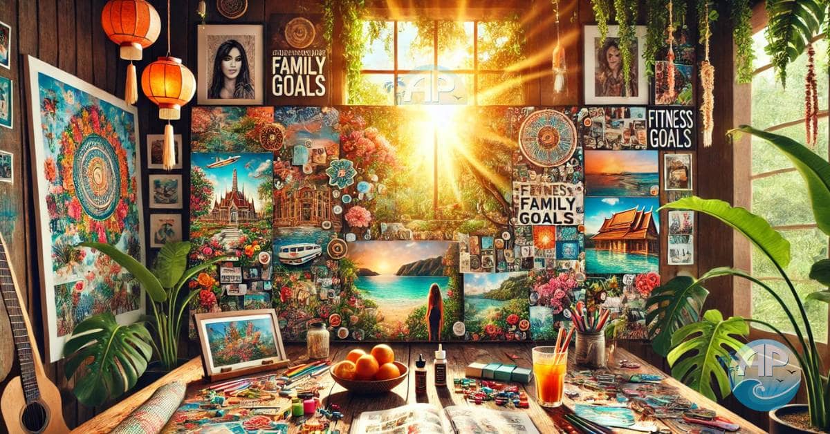 A sunlit workspace featuring a detailed vision board showcasing The Power of Vision Boards with images of Thai beaches, fitness goals, and a fun family lifestyle.