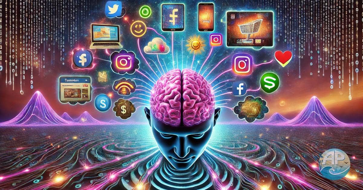 A surreal digital illustration representing mind control through advertising. A floating human brain entangled with glowing neon wires connects to futuristic billboards displaying social media icons, emotional triggers, and product images, set against a hypnotic swirl of binary code and light patterns.