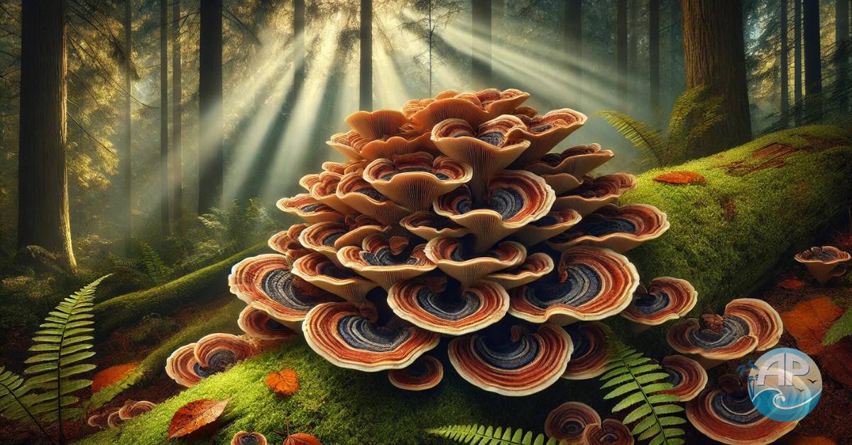 A vibrant cluster of Turkey Tail mushrooms on a mossy log, showcasing the Turkey Tail mushroom benefits in a serene forest.