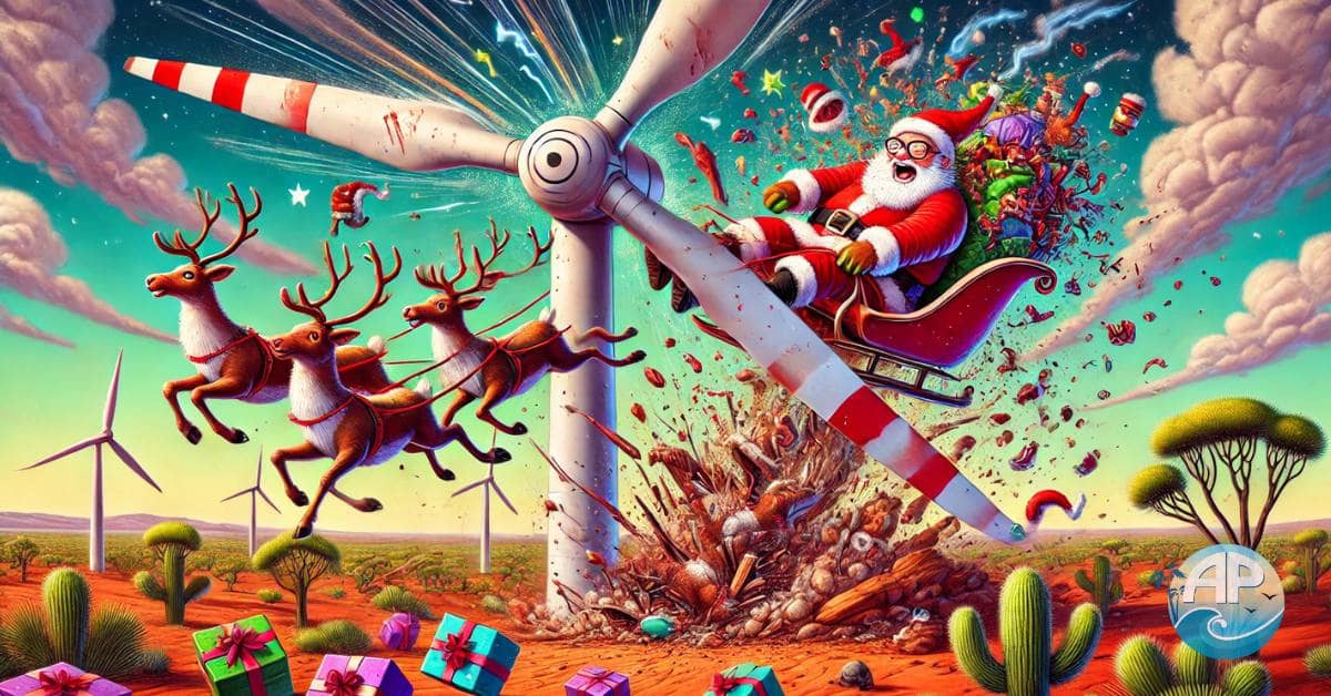 Who benefits from wind turbines? Cartoon of Santa crashing into a wind turbine in the Australian Outback.