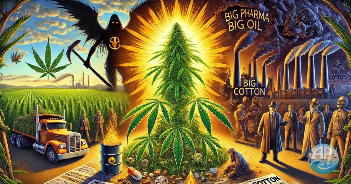 A symbolic depiction of why hemp was banned, featuring a radiant hemp plant surrounded by shadowy industrial figures with tools of suppression, contrasting lush green fields and a polluted industrial skyline.