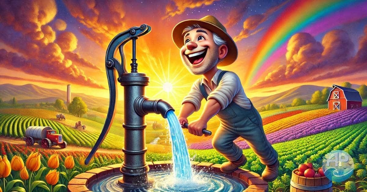 Prime the Pump: A cheerful cartoonish man pumping an old-fashioned water pump in a vibrant sunrise landscape.