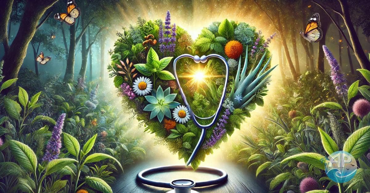 A glowing heart-shaped stethoscope encircles medicinal herbs, symbolizing the truth about health and holistic healing.