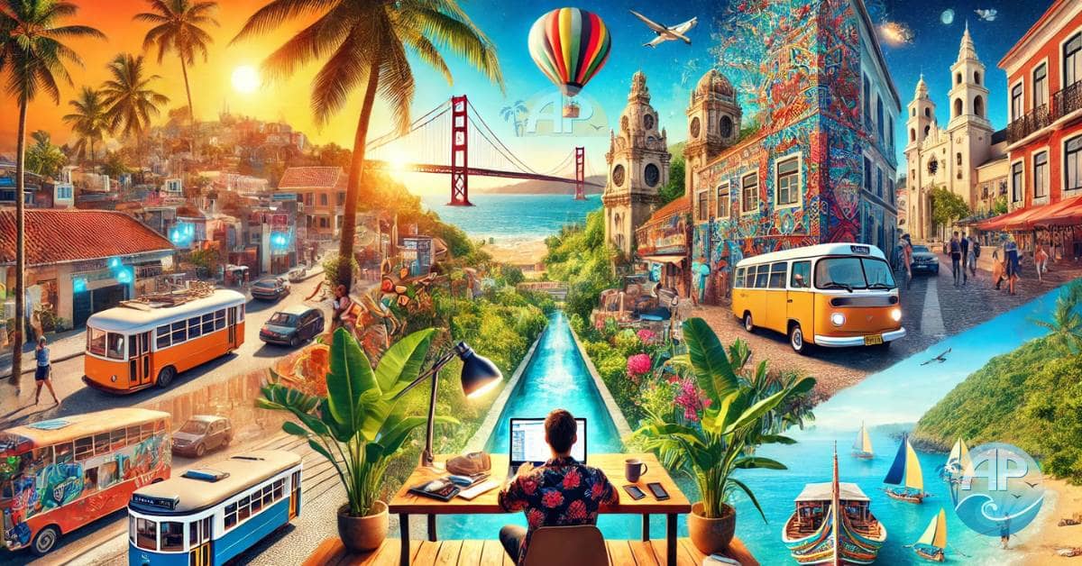 A vibrant digital collage showcasing the top destinations for digital nomads, featuring Bali, Lisbon, Chiang Mai, Medellín, and Cebu.