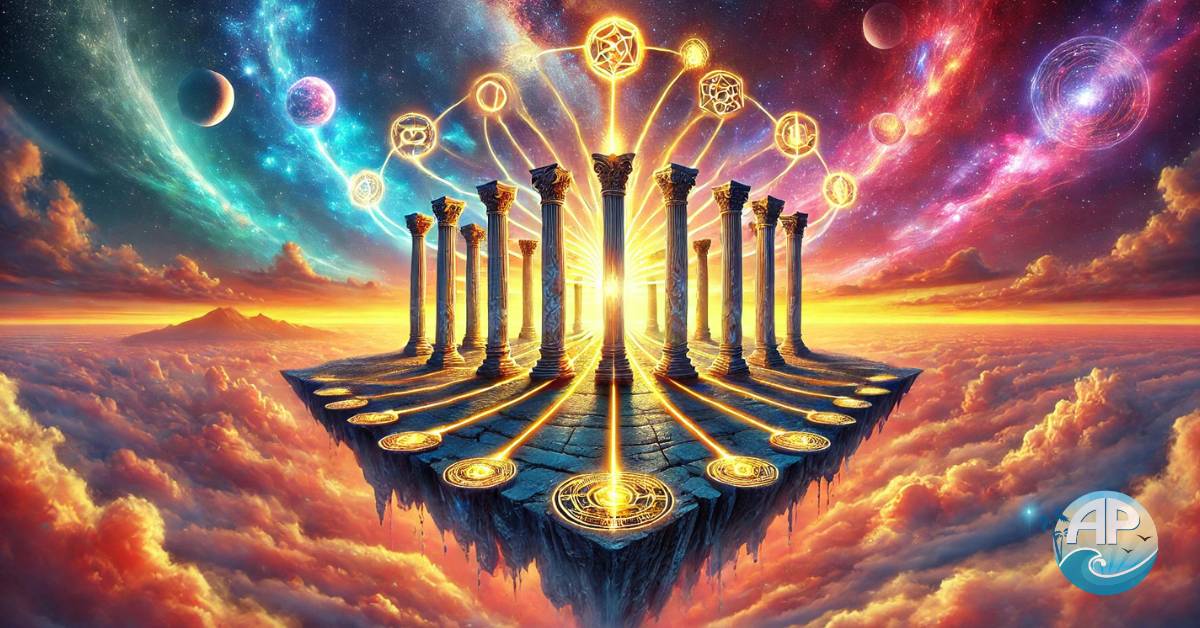 A surreal depiction of the 8 Pillars of Success, with glowing marble pillars on a floating island, surrounded by cosmic visuals symbolizing growth, passion, and resilience.