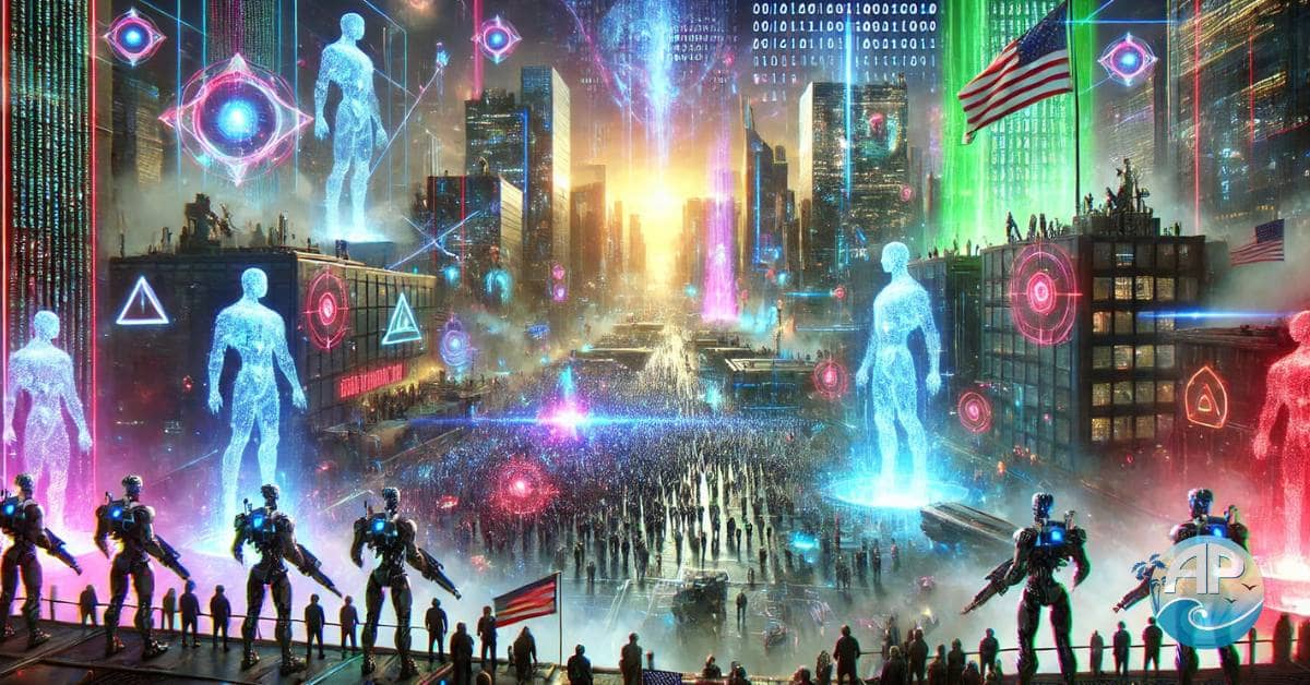 Futuristic battlefield depicting the AI War and Global Conflict with towering AI machines, drone swarms, and divided human factions in a neon-lit dystopian city.