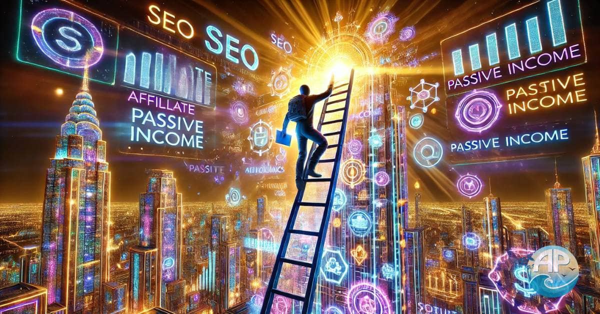 A futuristic scene of a person climbing a glowing ladder of affiliate links, embodying the essence of Affiliate Marketing Secrets.