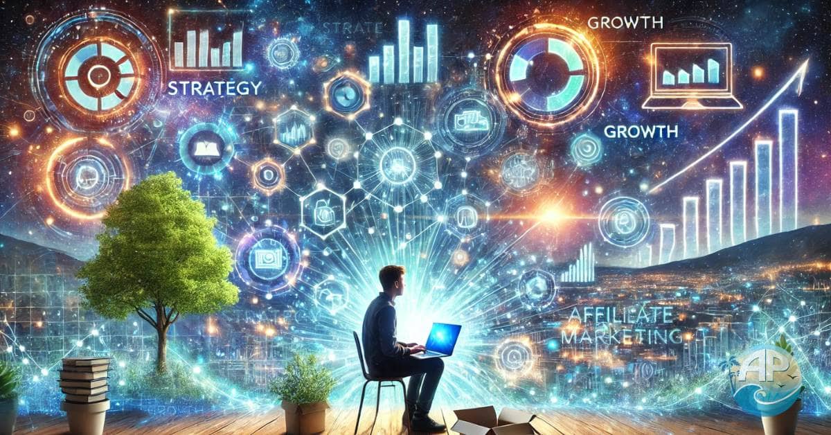 A beginner exploring an affiliate marketing strategy for beginners, sitting with a laptop surrounded by glowing virtual icons, blending nature and futuristic digital cityscape.