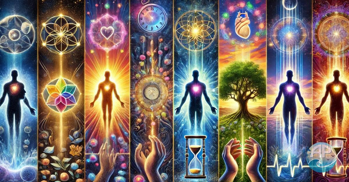 Transformation journey showcasing a glowing human silhouette evolving through six stages to become your best self, surrounded by symbols of growth, clarity, and resilience against a vibrant backdrop transitioning from sunrise to twilight.