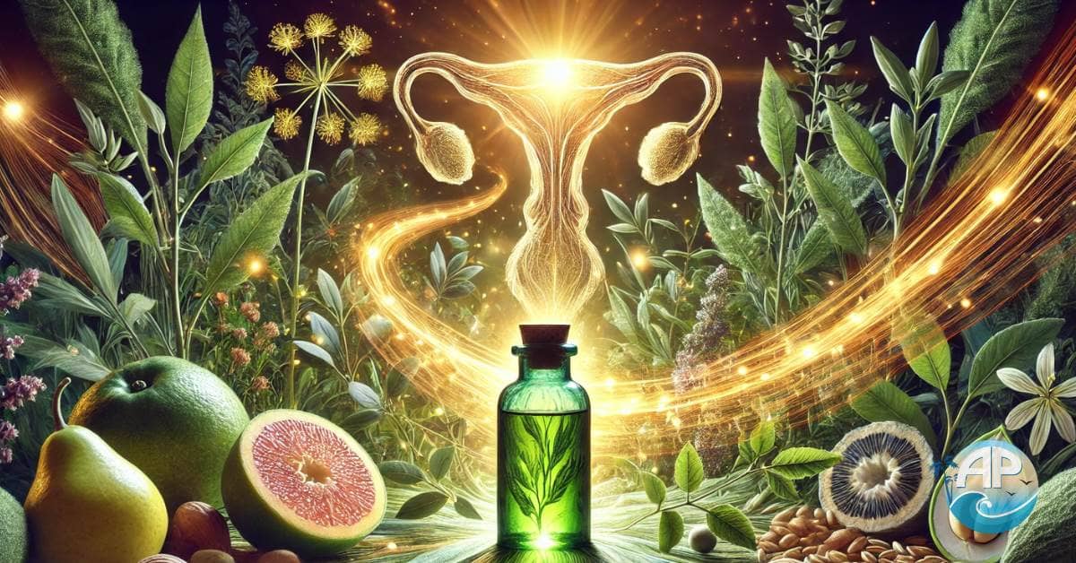 A vibrant, surreal landscape depicting Black Seed Oil for Prostate Health, with glowing cumin seeds, lush greenery, and radiant energy connecting to a healthy prostate outline.