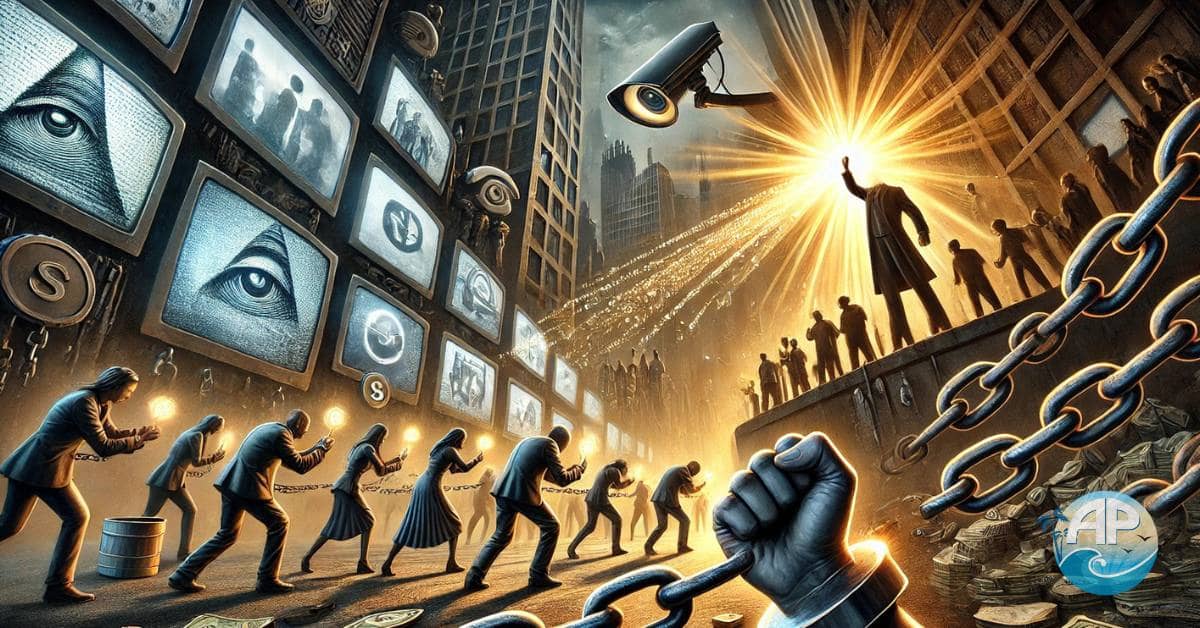 A symbolic scene of citizens with metallic chains around their wrists made of money, media icons, and surveillance cameras. In the foreground, individuals break free with glowing tools of truth and knowledge, representing Corruption Control and Awakening.