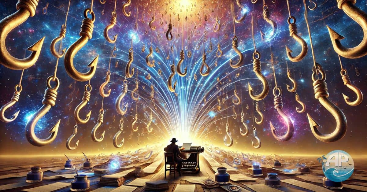 A surreal and detailed scene showing a writer at an antique typewriter atop a mountain of glowing hooks, symbolizing the power of hooks in creativity.