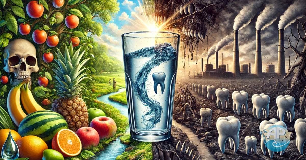 A surreal depiction of the dangers of fluoride exposure, showing a glass of water with swirling dark substance symbolizing contamination, surrounded by cracked teeth, shadowy figures, and a split background of health and industrial harm.