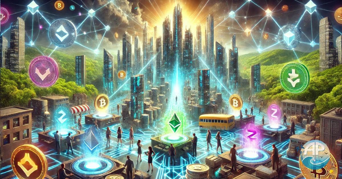 A futuristic cityscape showcasing decentralized financial freedom. Glowing holographic blockchains connect skyscrapers, diverse individuals engage with privacy coins like Monero and Zcash, and a crumbling centralized monolith emits light and cascading data streams.