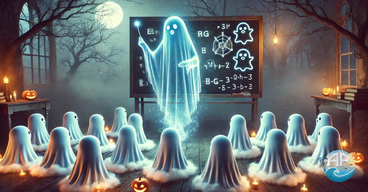 A glowing ghost teaching playful baby ghosts in a whimsical classroom, blending magic with charm—Ghost Commerce For Beginners.