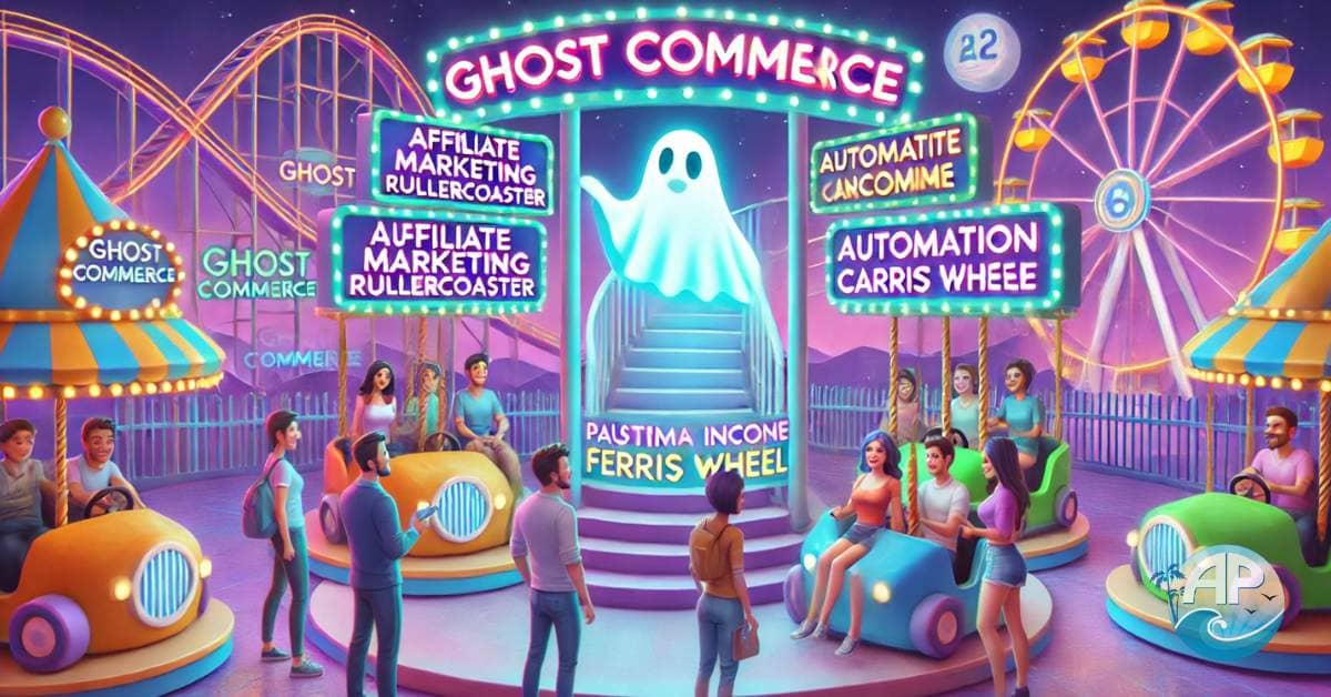 A vibrant digital amusement park themed around Ghost Commerce. A glowing ghost guides students through rides like the "Affiliate Marketing Rollercoaster," "Automation Carousel," and "Passive Income Ferris Wheel." Neon signs and cheerful colors make the scene lively and inviting.